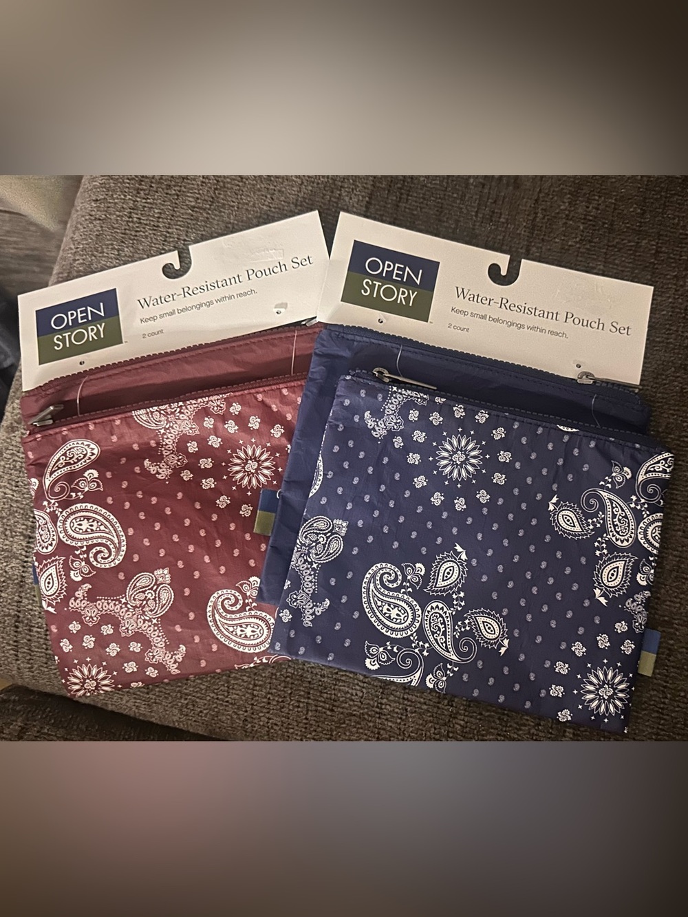 Open Story Water-Resistant Pouch Set of 4. Handkerchief pattern  and solid.